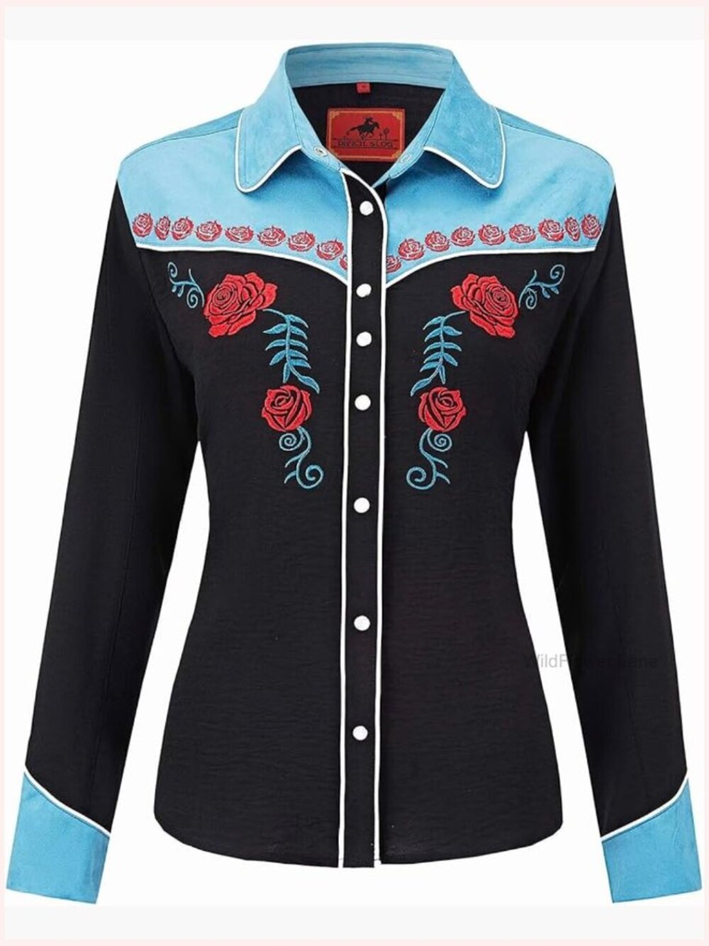 Western Cowgirl Embroidered Snap Button Down Shirt with Stretch Long Sleeve